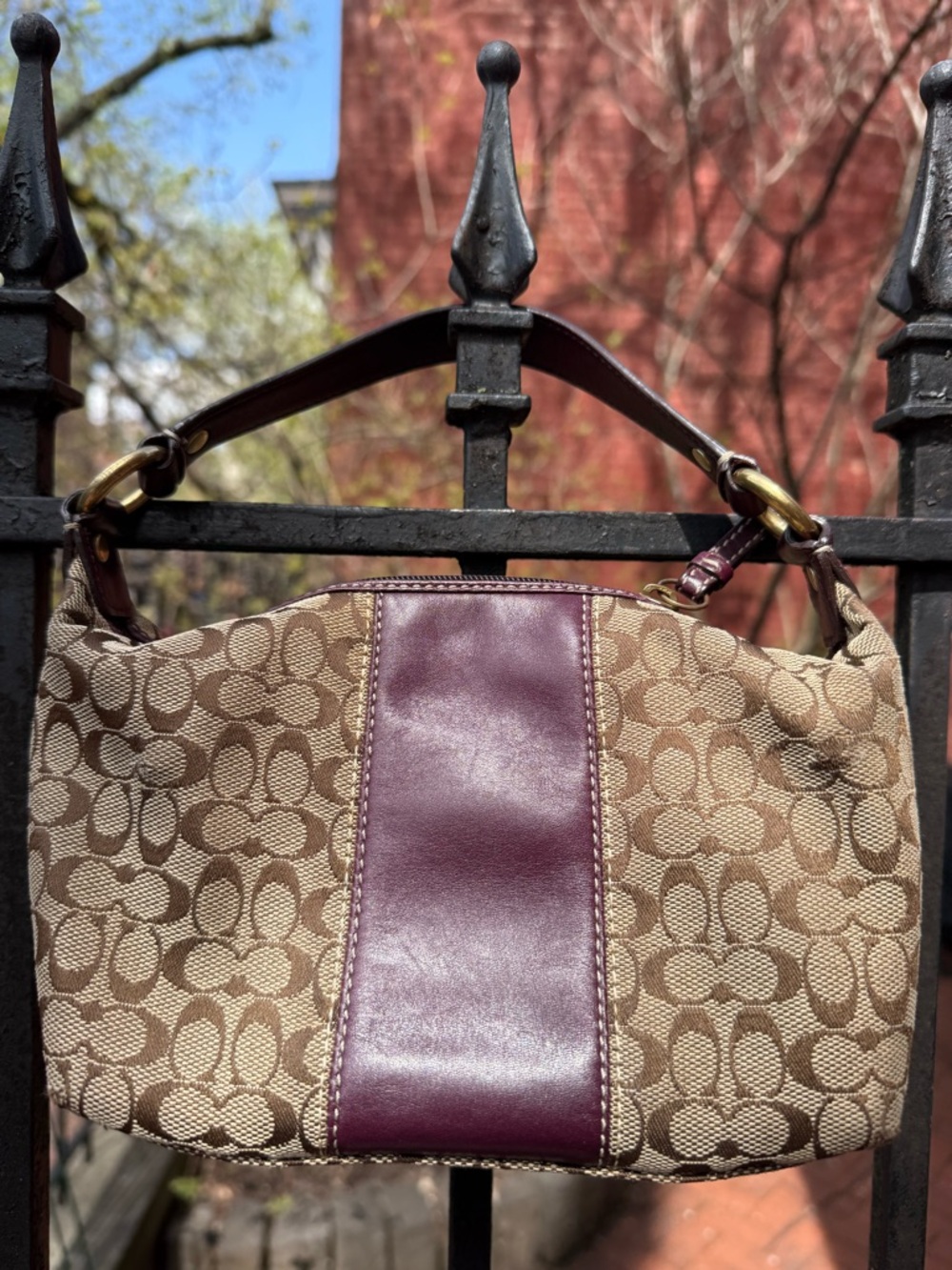 Coach Beige Signature Canvas Shoulder Bag with Plum/Burgundy Leather Panel - Picture 7 of 12